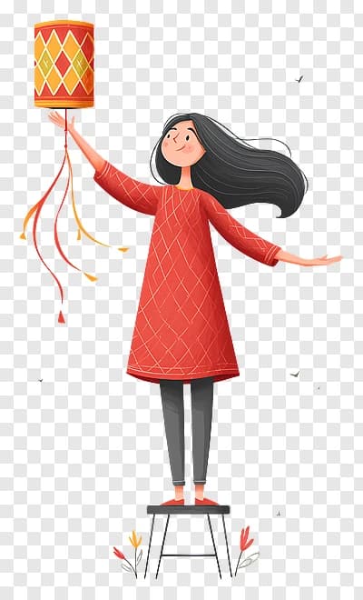 Girl holding lantern standing on stool