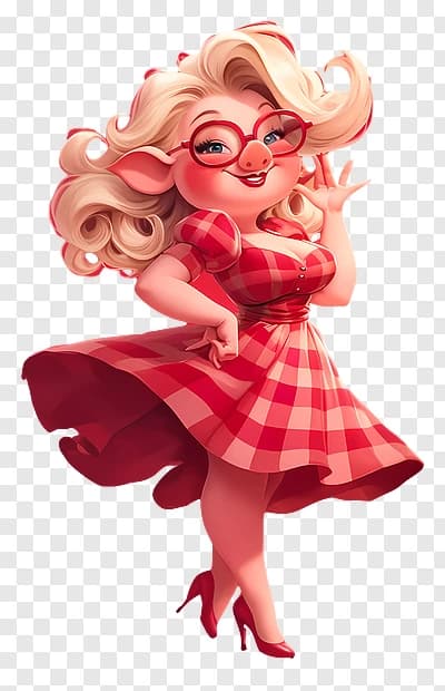Vintage Red-Check Pig Dancing Cheerfully