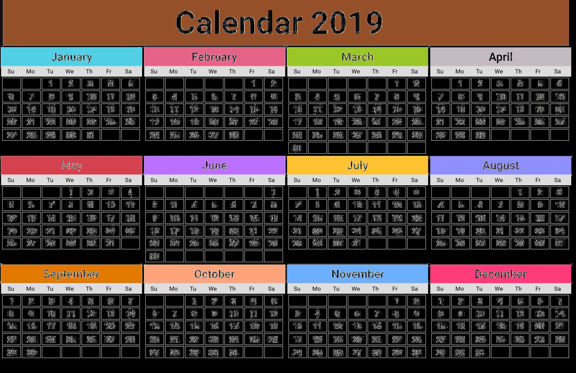 2019 Calendar, Events Schedule, Daily Reminders, Important Dates, Weekday Layout PNG